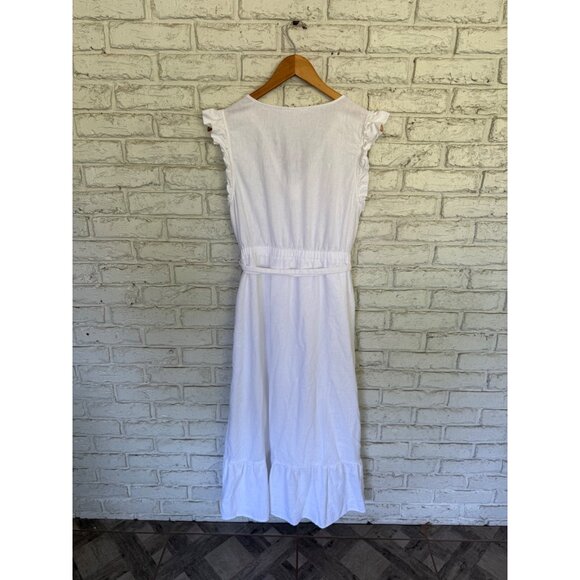 PopSugar Women's Linen Cotton White Ruffle Sleeve Belted Midi Dress XL V-Neck - Picture 7 of 10